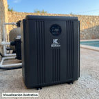 Visualización ilustrativa. El modelo EK95XR-M2-INVR preparado junto al área de mantenimiento de una piscina. El entorno muestra un ejemplo de contexto de uso; los accesorios de fondo se ilustran por separado.