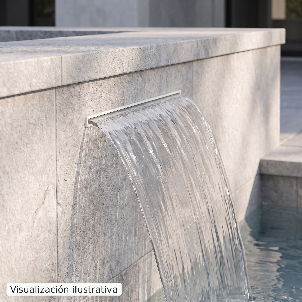 Visualización ilustrativa. Ejemplo de una cascada para piscina integrada en un muro, con el cuerpo y las conexiones ocultos.