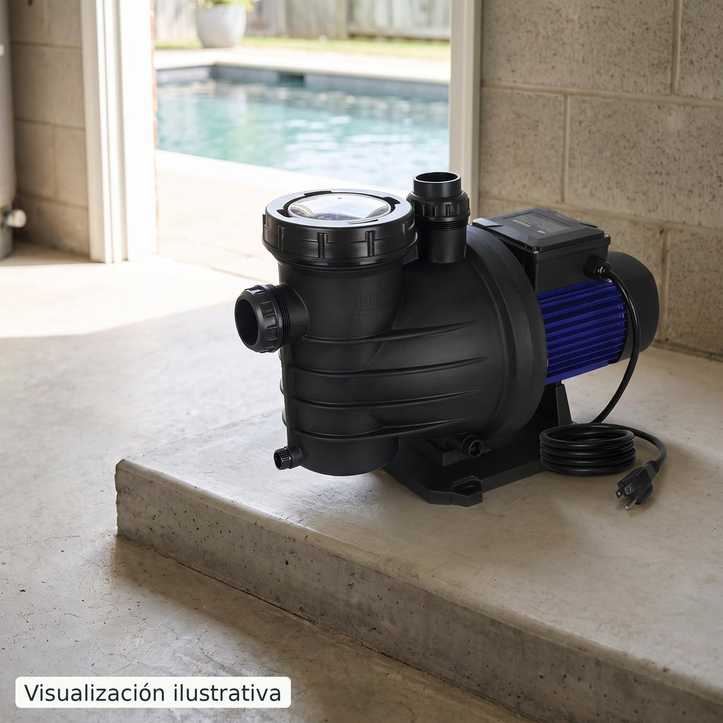 Visualización ilustrativa. Equipo preparado en el área de mantenimiento de una piscina, antes de conectarse. El entorno es ilustrativo; consulta la ficha y el manual del modelo.