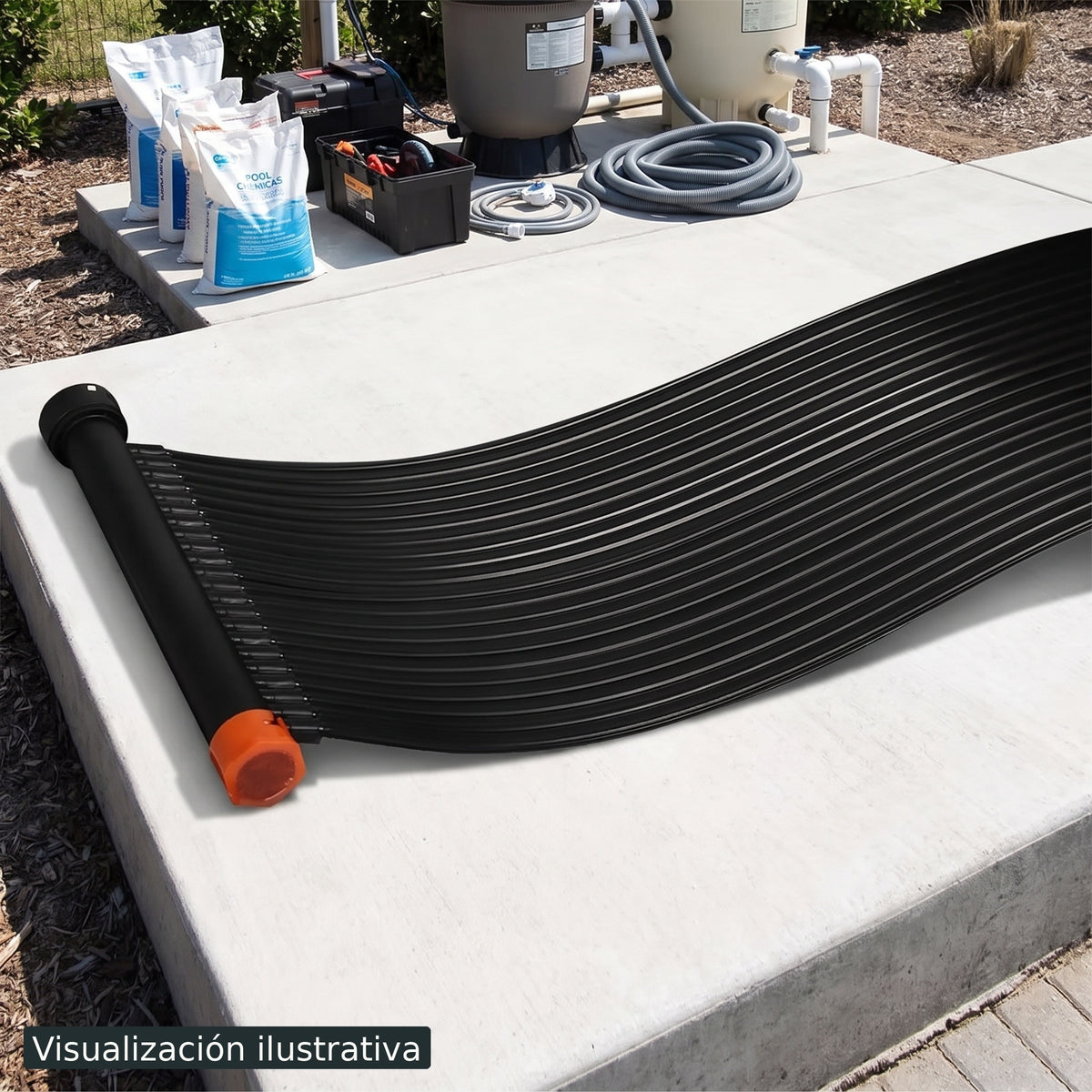 Visualización ilustrativa. El modelo ECOHEAT-4M2 preparado junto al área de mantenimiento o construcción de una piscina. Ejemplo ilustrativo de contexto; los accesorios de fondo se muestran por separado.