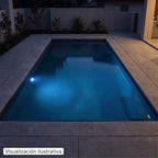 Visualización ilustrativa. Vista nocturna de una piscina que ilustra el color de esta lámpara. El efecto de la luz varía según el diseño de la piscina y la instalación.