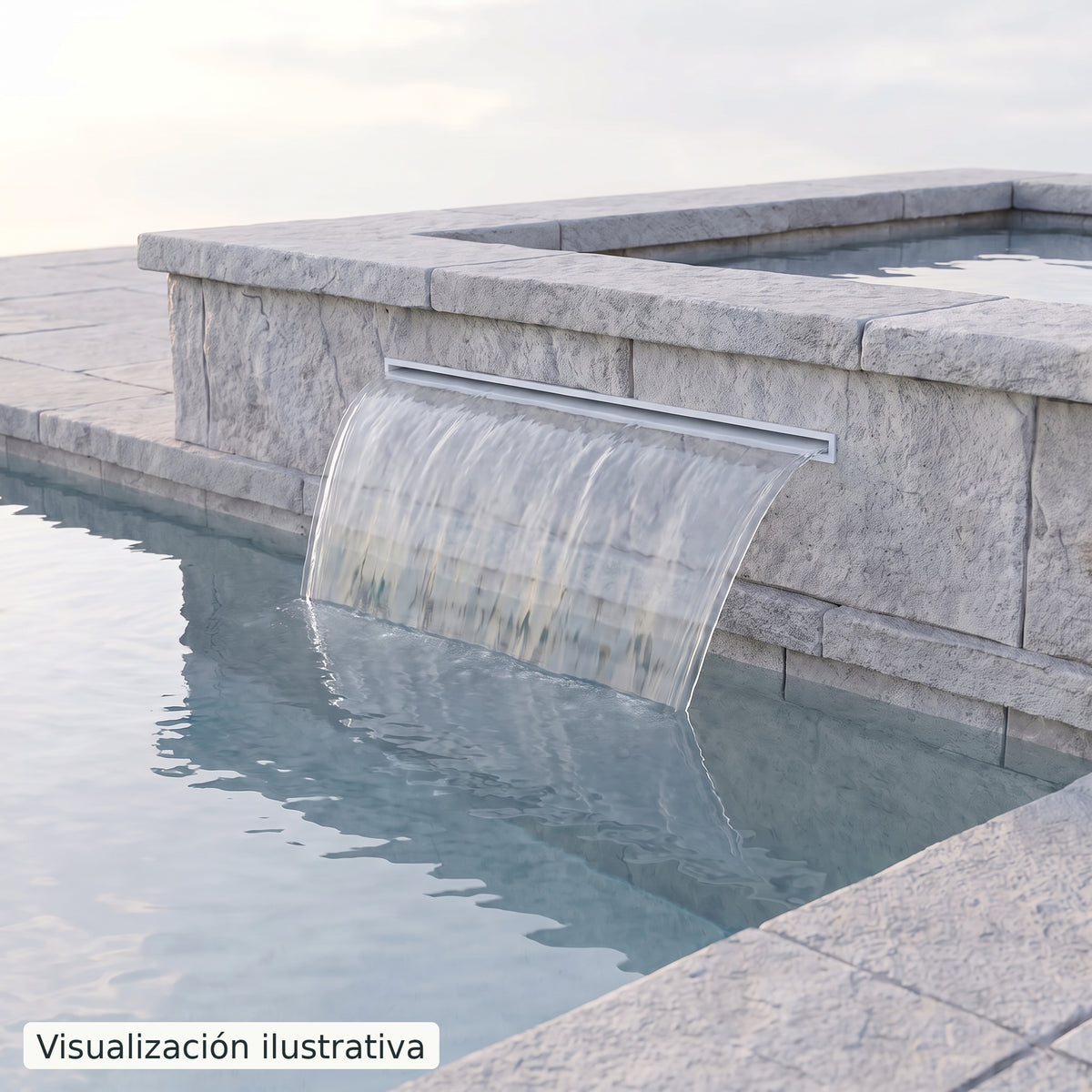 Visualización ilustrativa. Ejemplo de una cascada para piscina integrada en un muro, con el cuerpo y las conexiones ocultos.