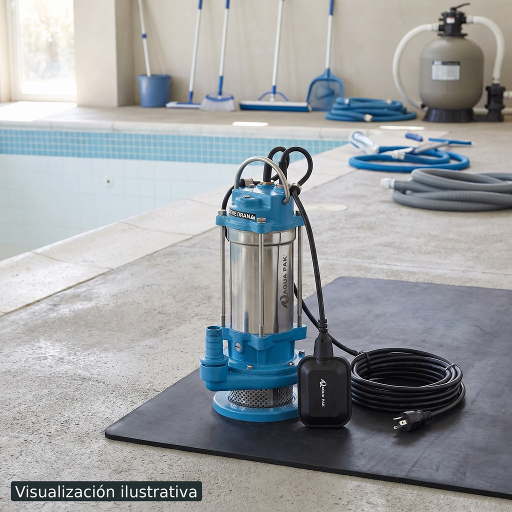 Visualización ilustrativa. Producto preparado junto al área de mantenimiento de una piscina, antes de conectarse o instalarse. El entorno y otros equipos que aparecen al fondo son ilustrativos.
