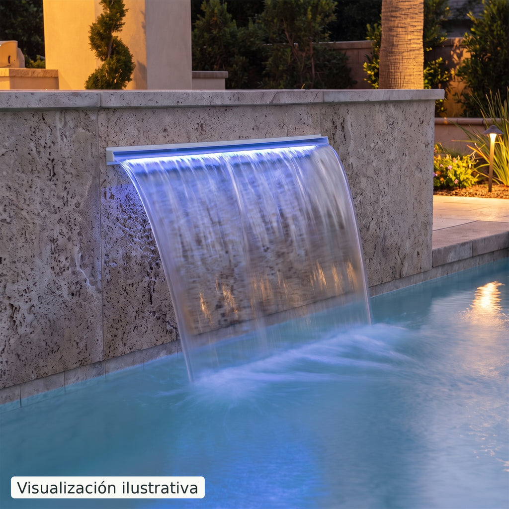 Visualización ilustrativa. Ejemplo de una cascada para piscina integrada en un muro, con el cuerpo y las conexiones ocultos.