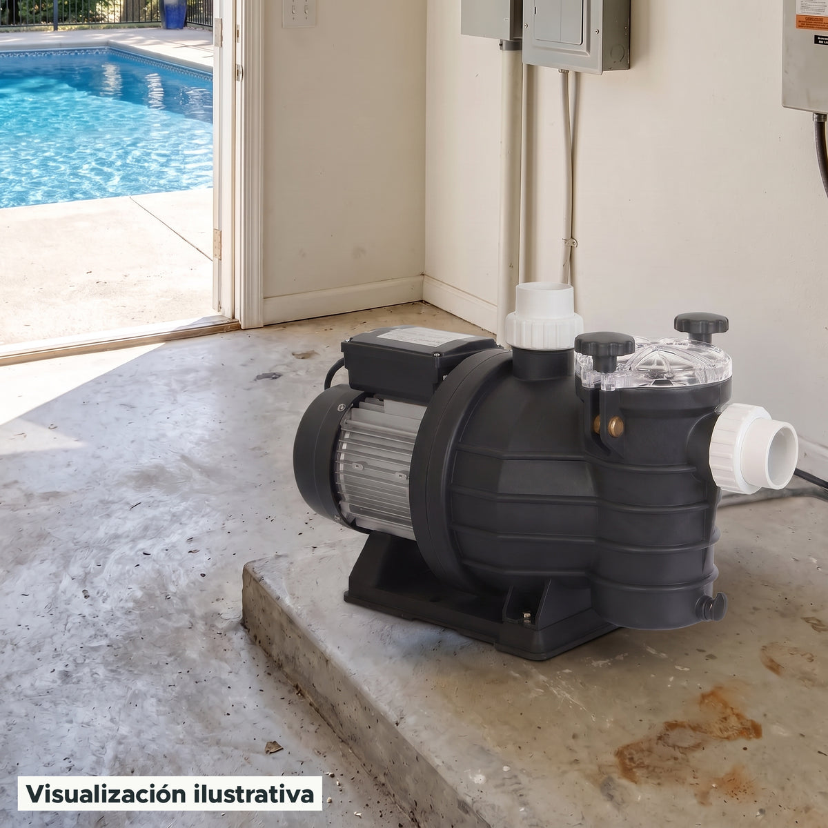 Visualización ilustrativa. Vista del equipo para piscina en un entorno de preparación para su instalación.