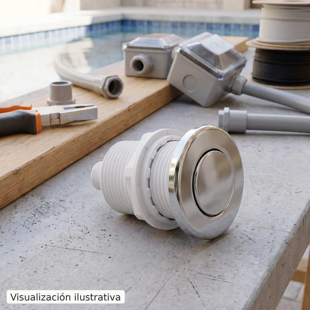 Visualización ilustrativa. Equipo preparado en el área de mantenimiento de una piscina, antes de conectarse. El entorno es ilustrativo; consulta la ficha y el manual del modelo.