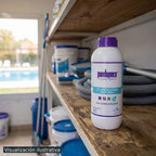 Visualización ilustrativa. Presentación del producto en un área de mantenimiento de piscina. Consulta su etiqueta original para instrucciones y precauciones de uso.