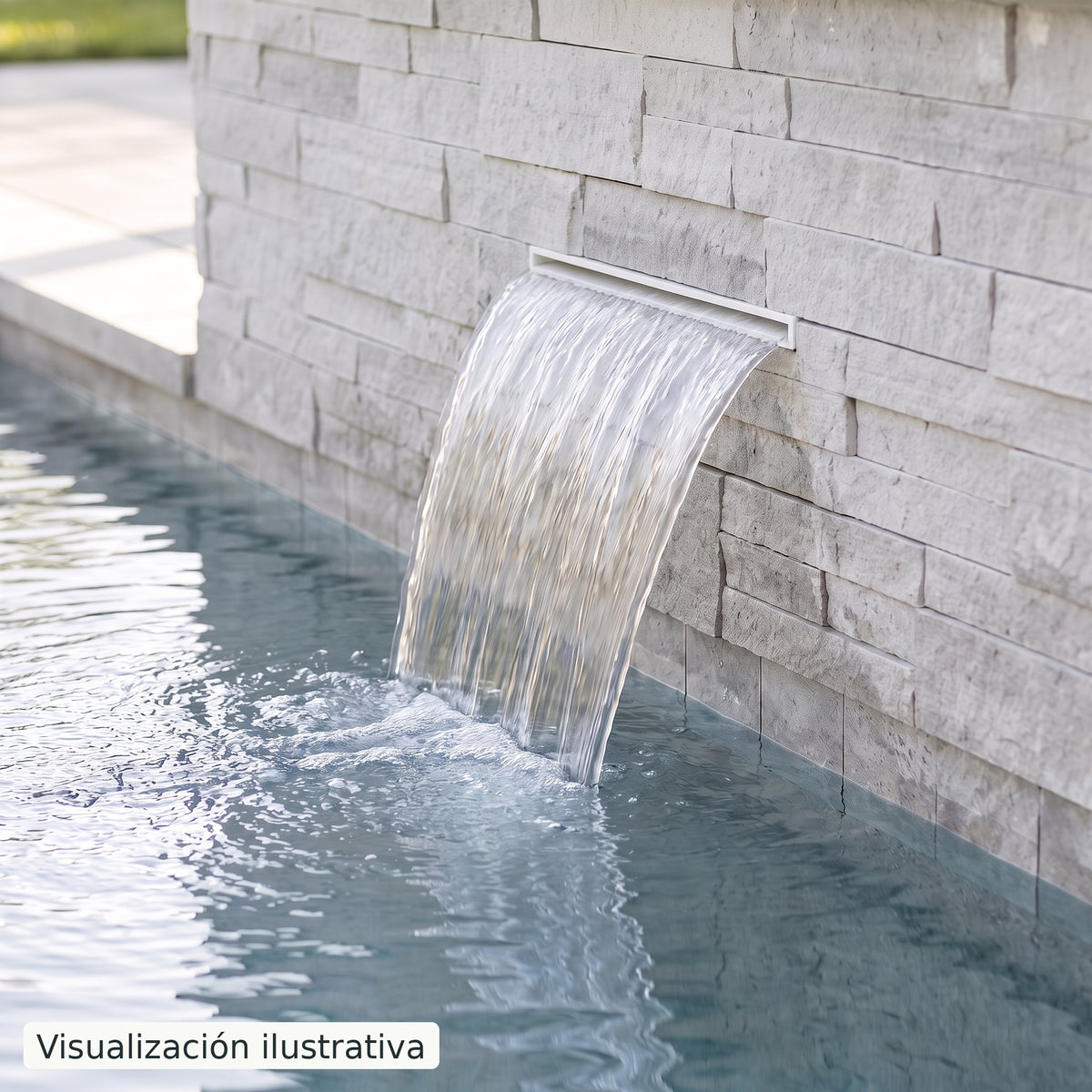 Visualización ilustrativa. Ejemplo de una cascada para piscina integrada en un muro, con el cuerpo y las conexiones ocultos.