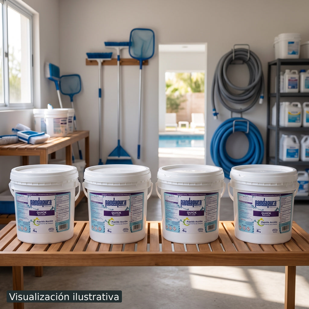 Visualización ilustrativa. Presentación del producto en un área de mantenimiento de piscina. Consulta la etiqueta original y ficha del modelo para las instrucciones y precauciones.
