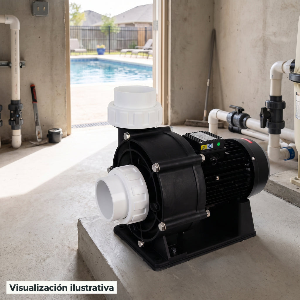 Visualización ilustrativa. Vista del equipo para piscina en un entorno de preparación para su instalación.