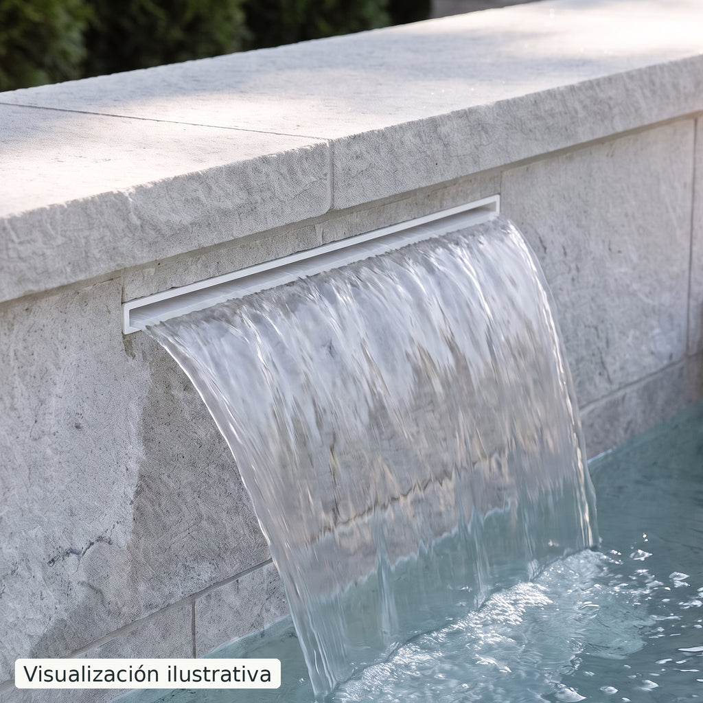 Visualización ilustrativa. Ejemplo de una cascada para piscina integrada en un muro, con el cuerpo y las conexiones ocultos.