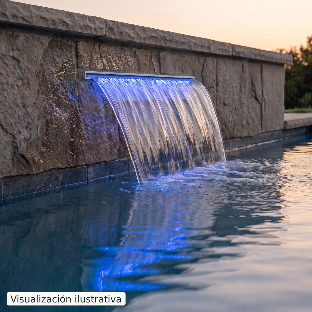 Visualización ilustrativa. Cascada WF-LED-18-6-T integrada en un muro junto a la piscina, con una cortina de agua e iluminación azul. Ejemplo de acabado y ambiente; la caída y la intensidad reales dependen del proyecto.