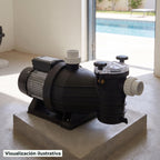 Visualización ilustrativa. Vista del equipo para piscina en un entorno de preparación para su instalación.