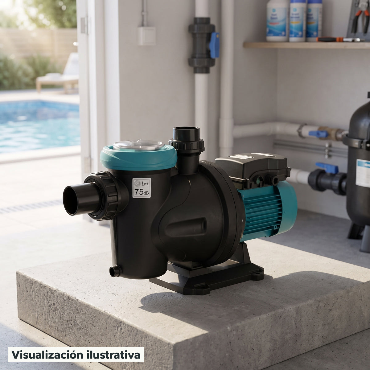 Visualización ilustrativa. Vista del equipo para piscina en un entorno de preparación para su instalación.