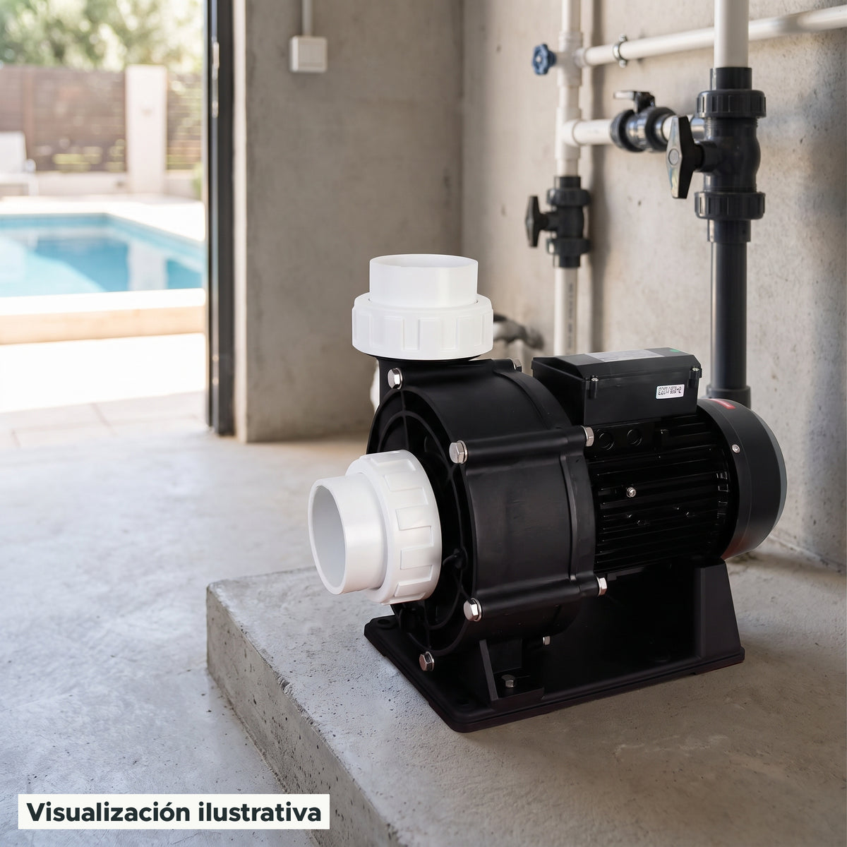 Visualización ilustrativa. Vista del equipo para piscina en un entorno de preparación para su instalación.