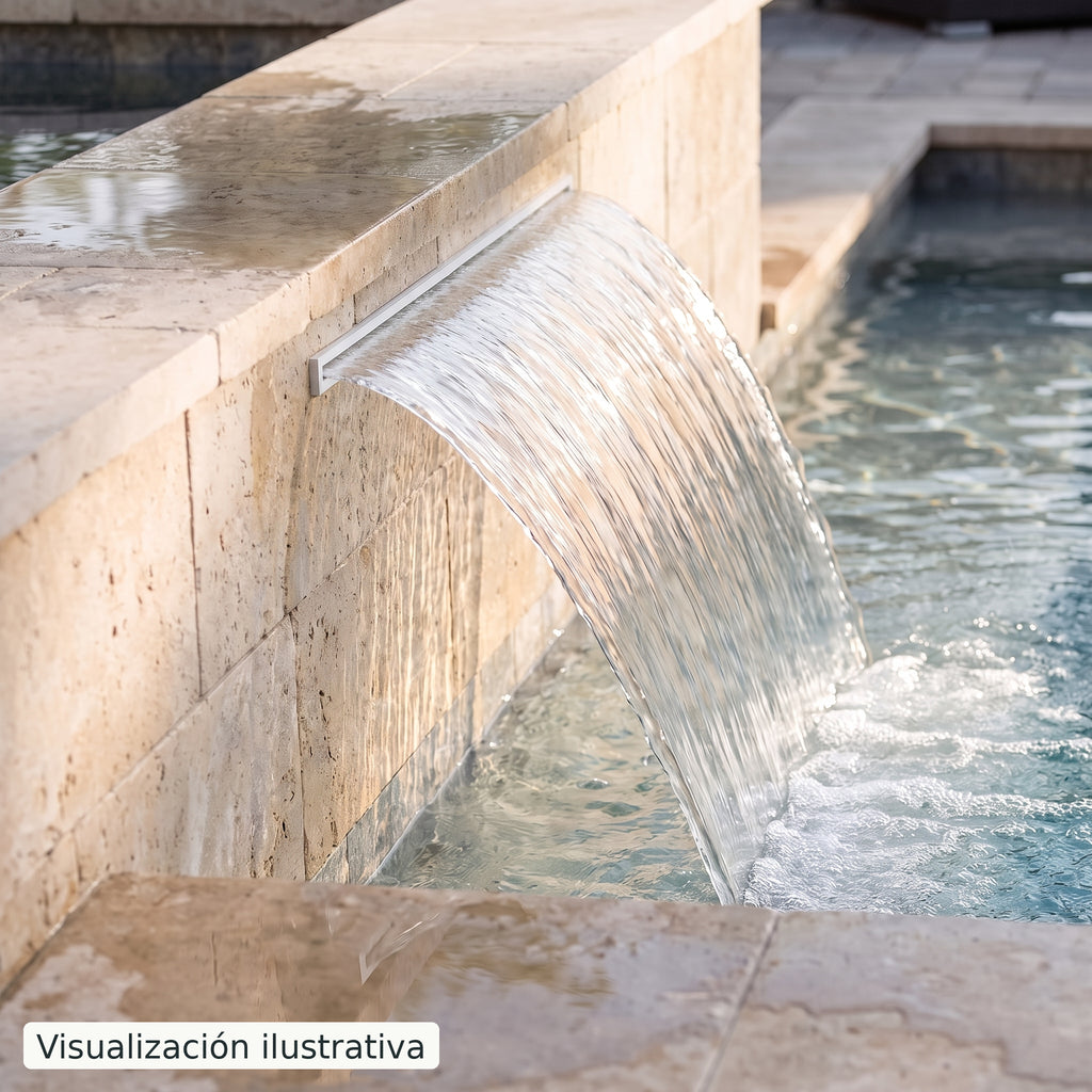 Visualización ilustrativa. Ejemplo de una cascada para piscina integrada en un muro, con el cuerpo y las conexiones ocultos.