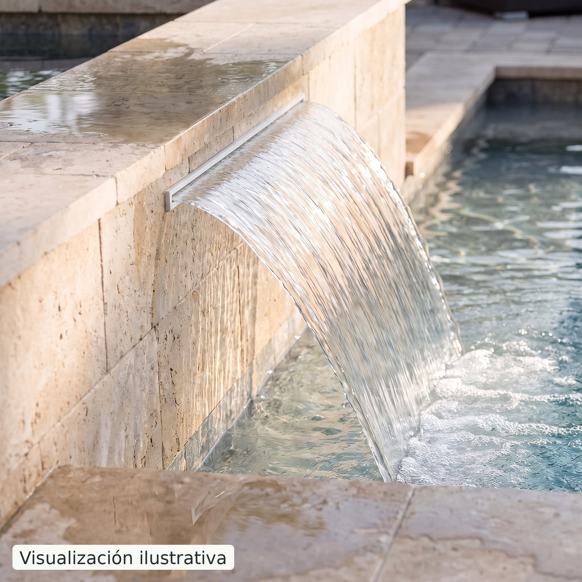 Visualización ilustrativa. Ejemplo de una cascada para piscina integrada en un muro, con el cuerpo y las conexiones ocultos.