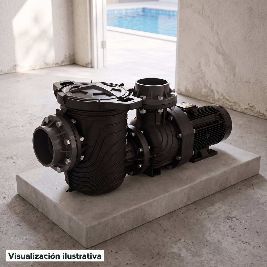 Visualización ilustrativa. Vista del equipo para piscina en un entorno de preparación para su instalación.
