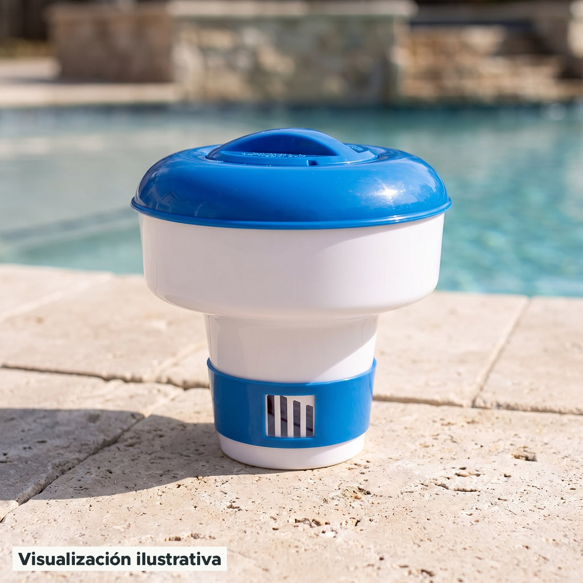 Visualización ilustrativa. El modelo 012-003-A-004 preparado junto al área de mantenimiento de una piscina. El entorno muestra un ejemplo de contexto de uso; los accesorios de fondo se ilustran por separado.