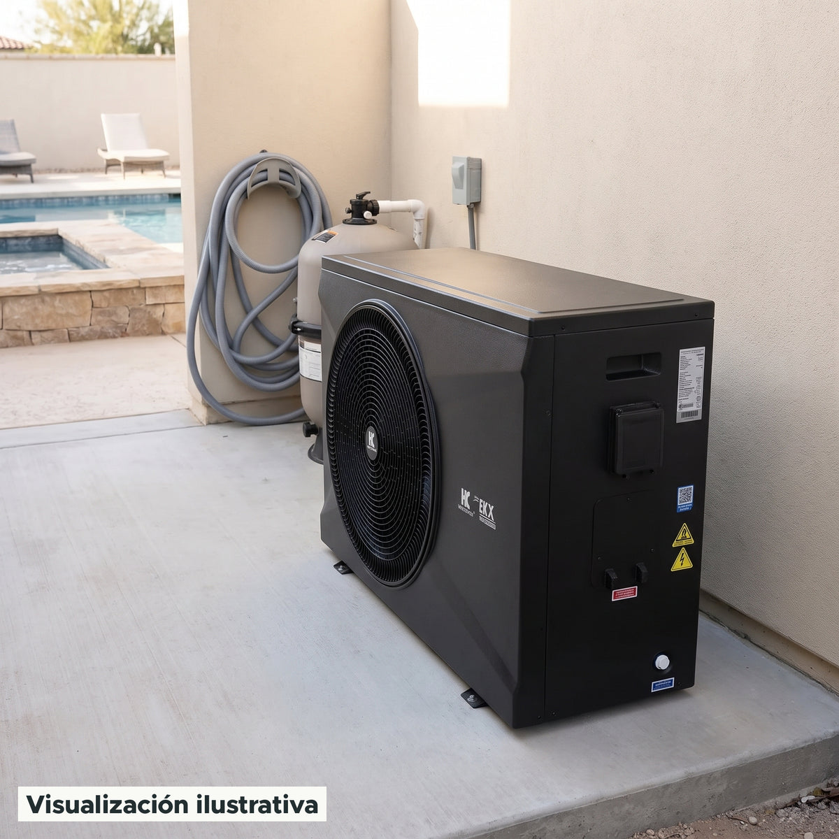 Visualización ilustrativa. El modelo EK95X-M2-INVERTER preparado junto al área de mantenimiento de una piscina. El entorno muestra un ejemplo de contexto de uso; los accesorios de fondo se ilustran por separado.