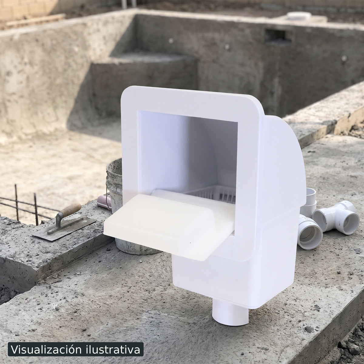 Visualización ilustrativa. El modelo PA-DESN-PBC1-SPA preparado junto al área de mantenimiento o construcción de una piscina. Ejemplo ilustrativo de contexto; los accesorios de fondo se muestran por separado.