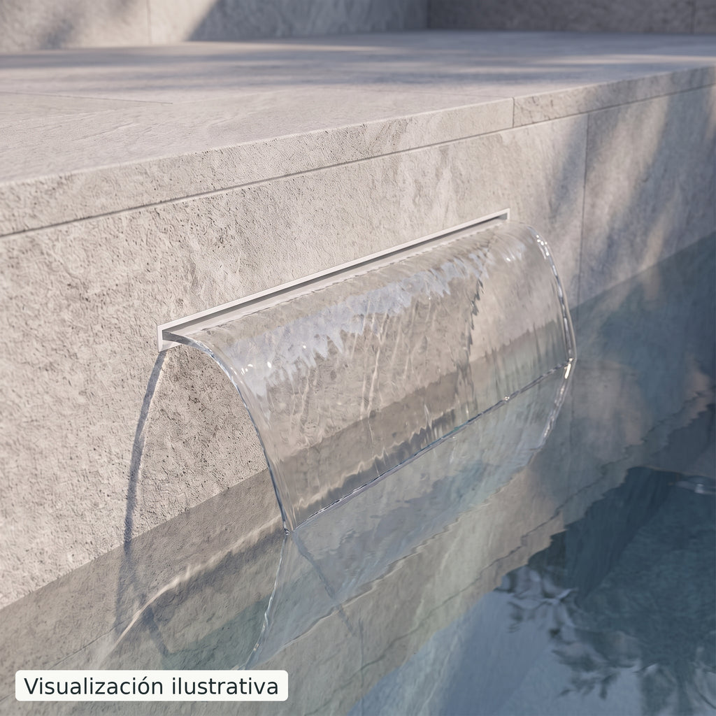 Visualización ilustrativa. Ejemplo de una cascada para piscina integrada en un muro, con el cuerpo y las conexiones ocultos.