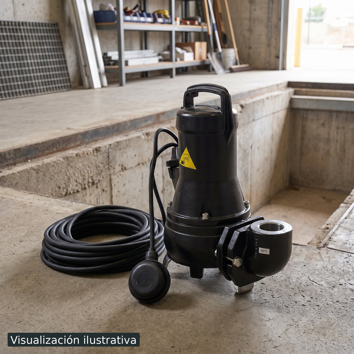 Visualización ilustrativa. El modelo DRAINEX202A115CC preparado junto al área de mantenimiento o construcción de una piscina. Ejemplo ilustrativo de contexto; los accesorios de fondo se muestran por separado.