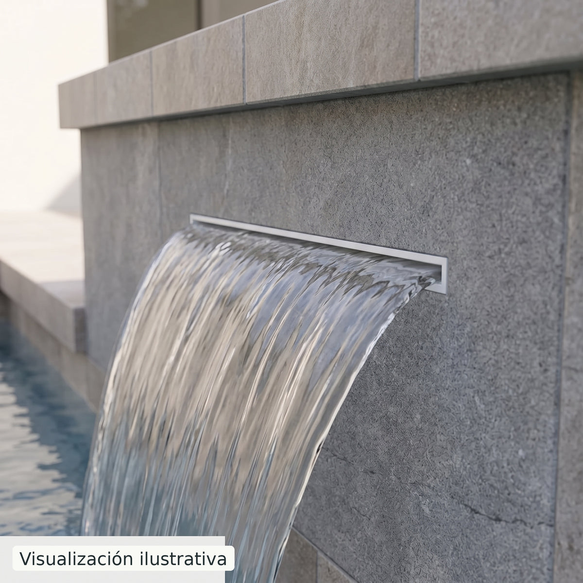Visualización ilustrativa. Ejemplo de una cascada para piscina integrada en un muro, con el cuerpo y las conexiones ocultos.