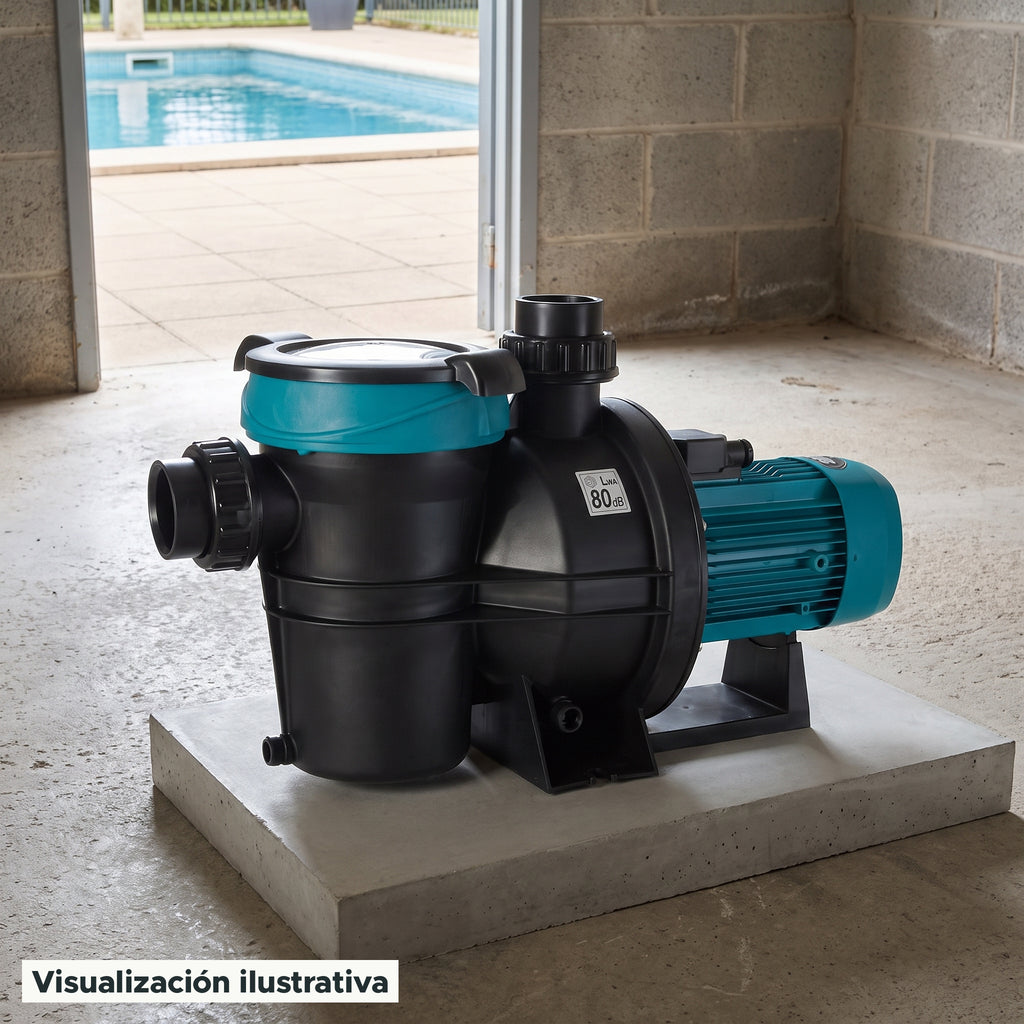 Visualización ilustrativa. Vista del equipo para piscina en un entorno de preparación para su instalación.