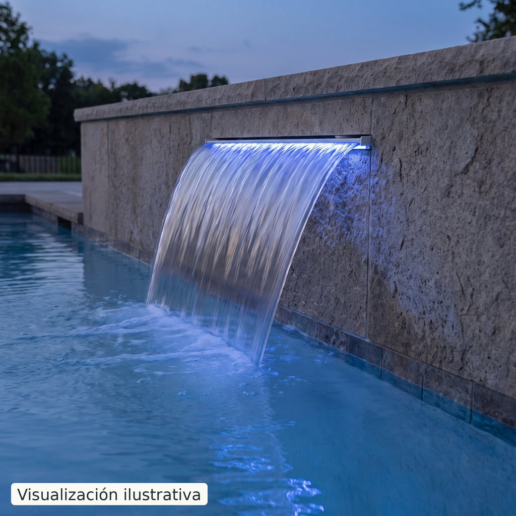 Visualización ilustrativa. Ejemplo de una cascada para piscina integrada en un muro.