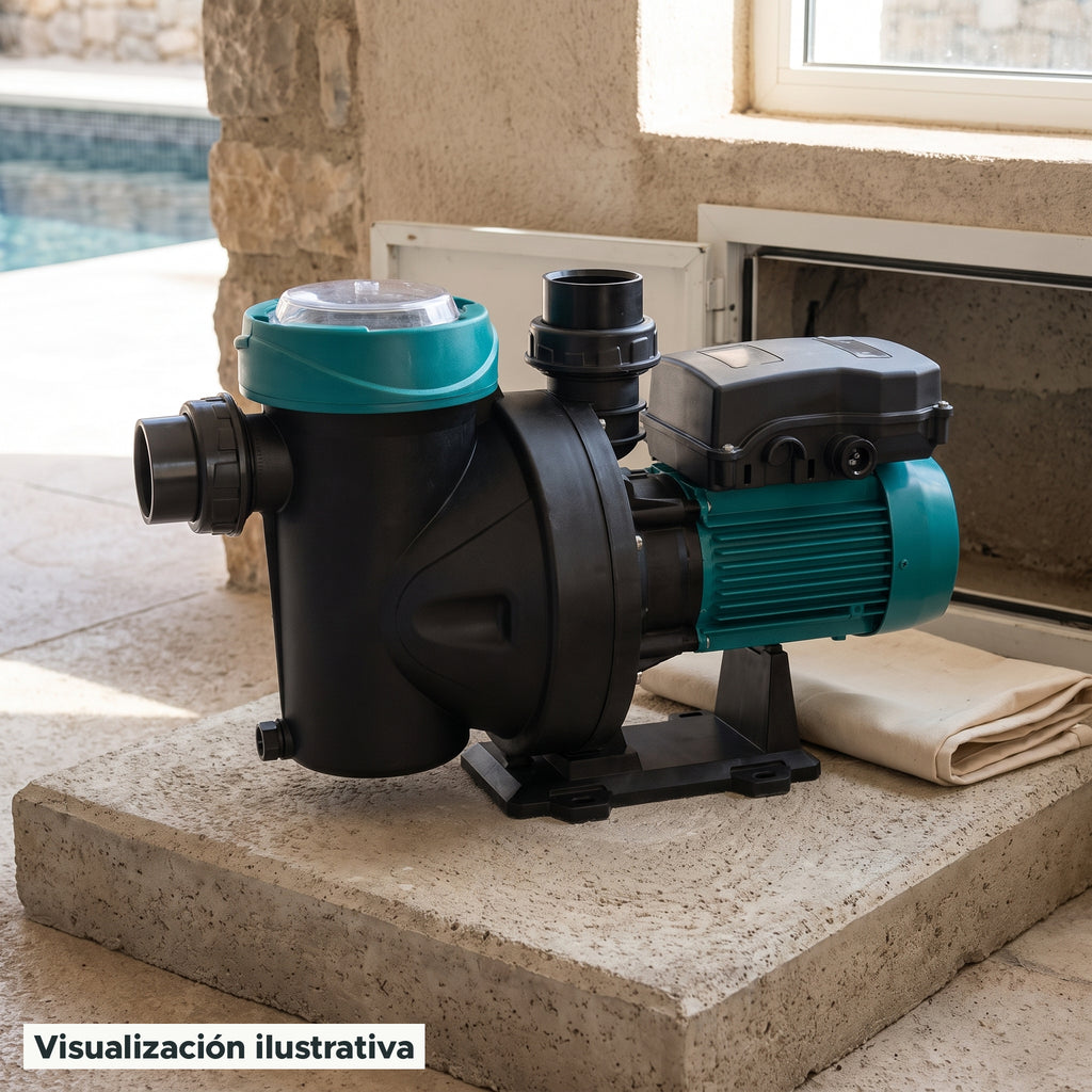 Visualización ilustrativa. Vista del equipo para piscina en un entorno de preparación para su instalación.