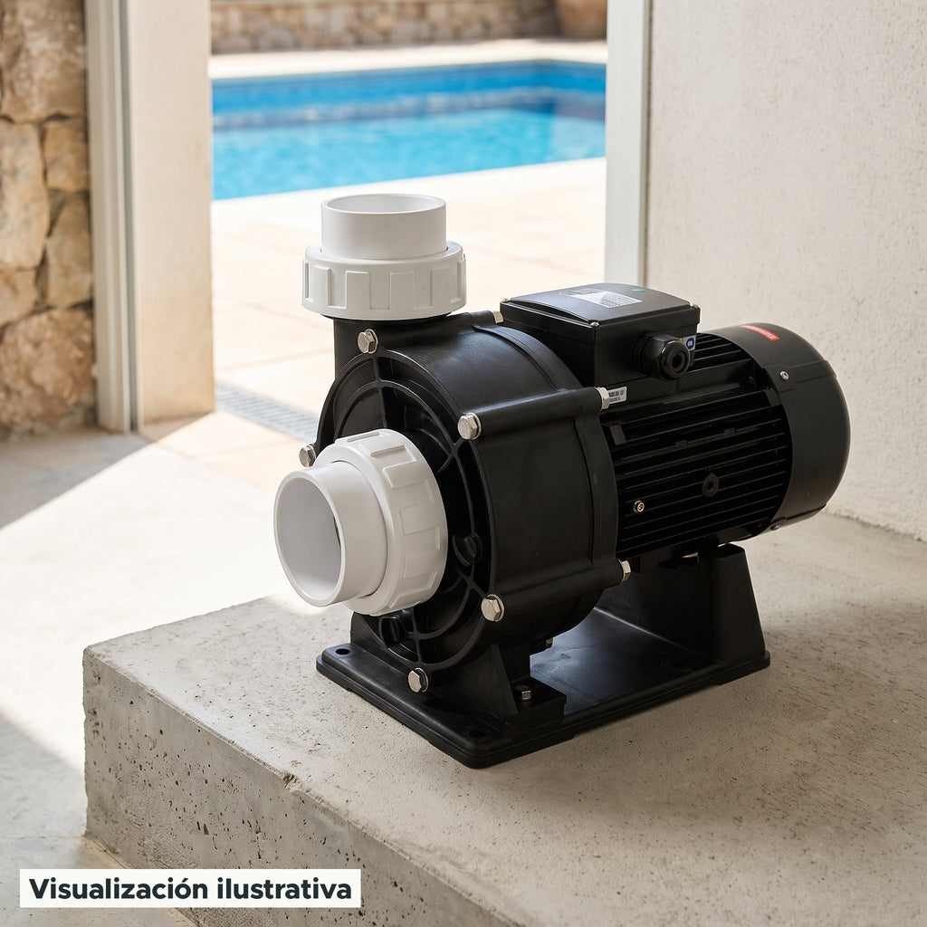 Visualización ilustrativa. Vista del equipo para piscina en un entorno de preparación para su instalación.