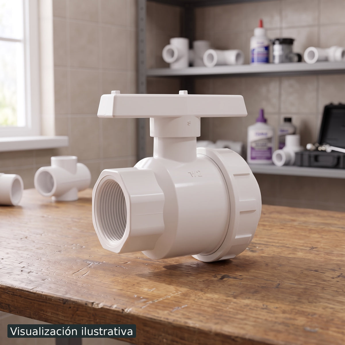 Visualización ilustrativa. Válvula PA-VB-1.5PVCR preparada en el área de mantenimiento de una piscina, sin conectar.