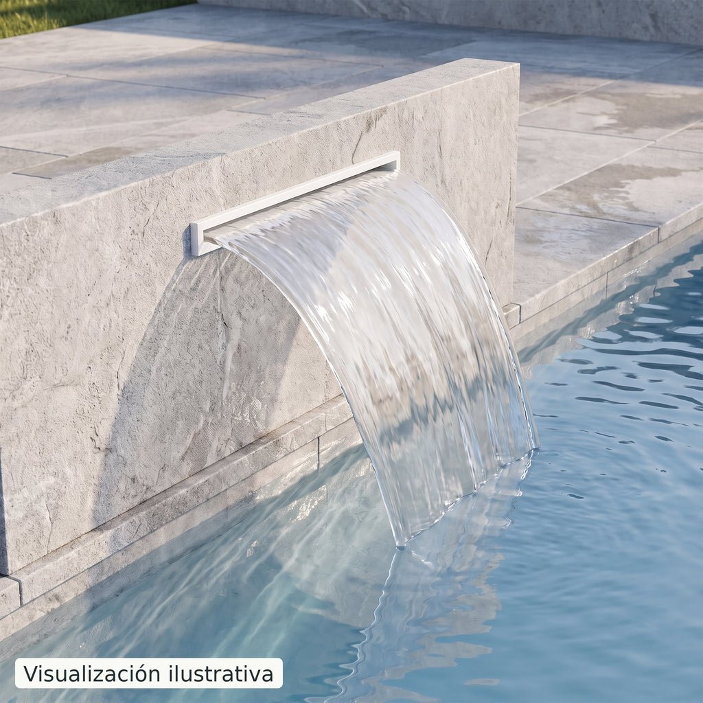 Visualización ilustrativa. Ejemplo de una cascada para piscina integrada en un muro, con el cuerpo y las conexiones ocultos.