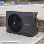 Visualización ilustrativa. El modelo EK119X-M2-INVERTER preparado junto al área de mantenimiento de una piscina. El entorno muestra un ejemplo de contexto de uso; los accesorios de fondo se ilustran por separado.