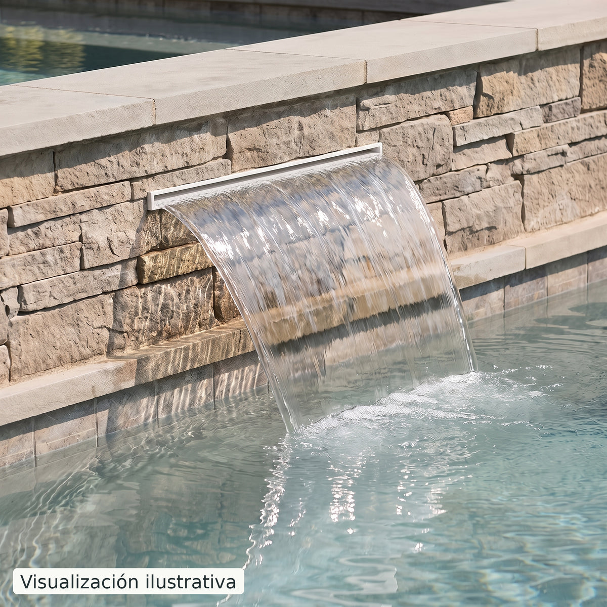 Visualización ilustrativa. Ejemplo de una cascada para piscina integrada en un muro, con el cuerpo y las conexiones ocultos.