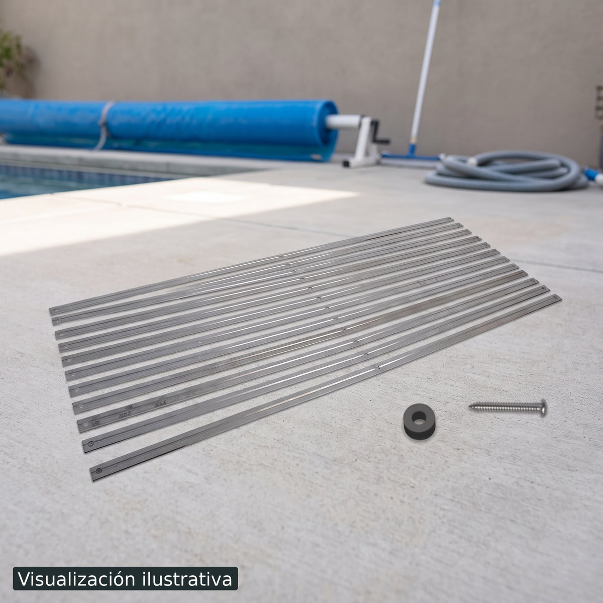 Visualización ilustrativa. El modelo ECOHEAT-KITMT preparado junto al área de mantenimiento o construcción de una piscina. Ejemplo ilustrativo de contexto; los accesorios de fondo se muestran por separado.