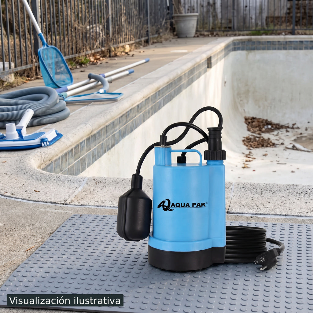 Visualización ilustrativa. Producto preparado junto al área de mantenimiento de una piscina, antes de conectarse o instalarse. El entorno y otros equipos que aparecen al fondo son ilustrativos.
