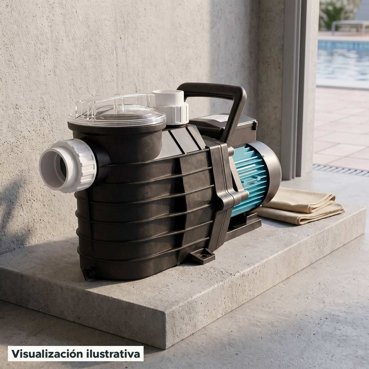 Visualización ilustrativa. Vista del equipo para piscina en un entorno de preparación para su instalación.
