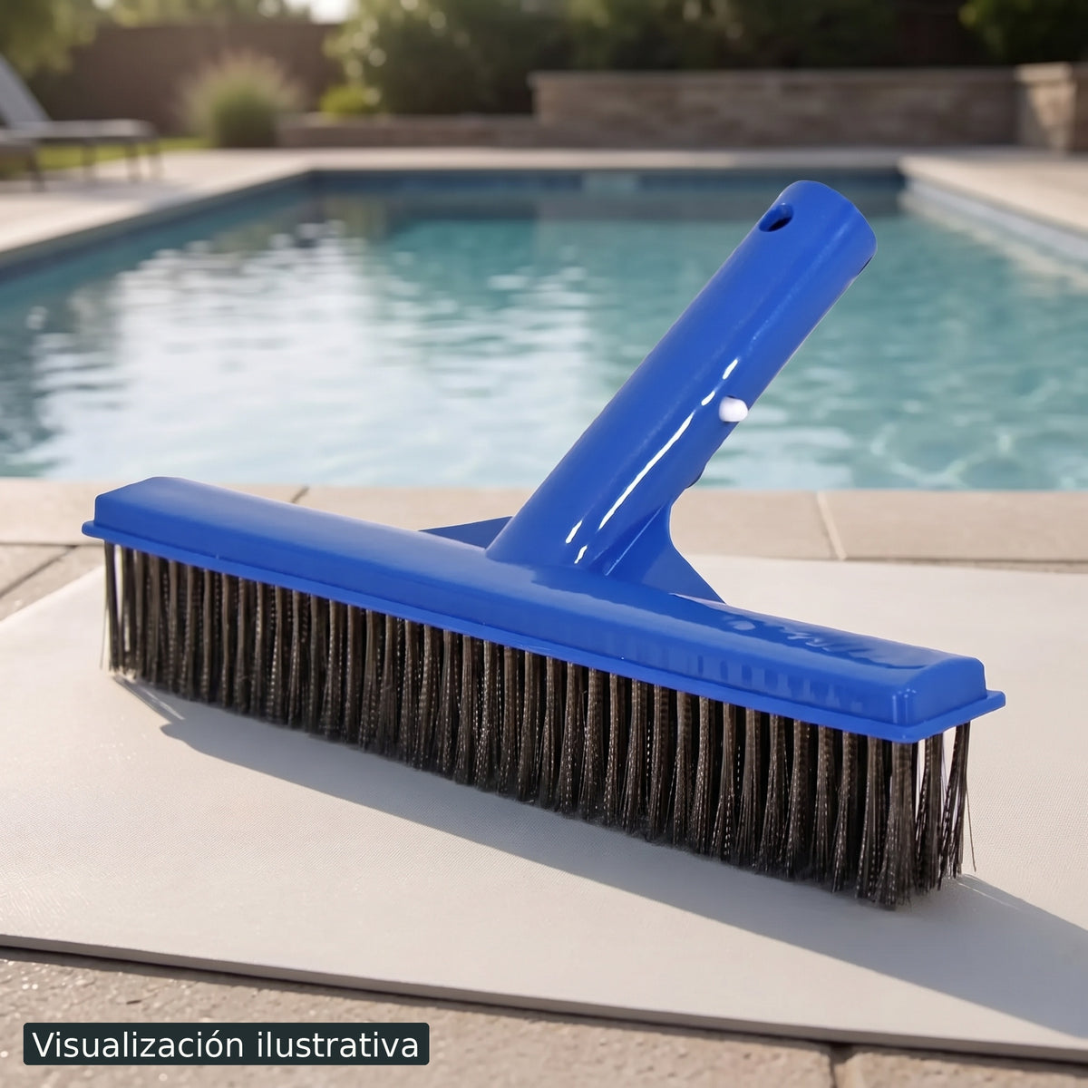 Visualización ilustrativa. Accesorio de limpieza preparado junto a una piscina. Ejemplo de contexto de uso; el mango telescópico y otros elementos del entorno no forman parte del producto mostrado.