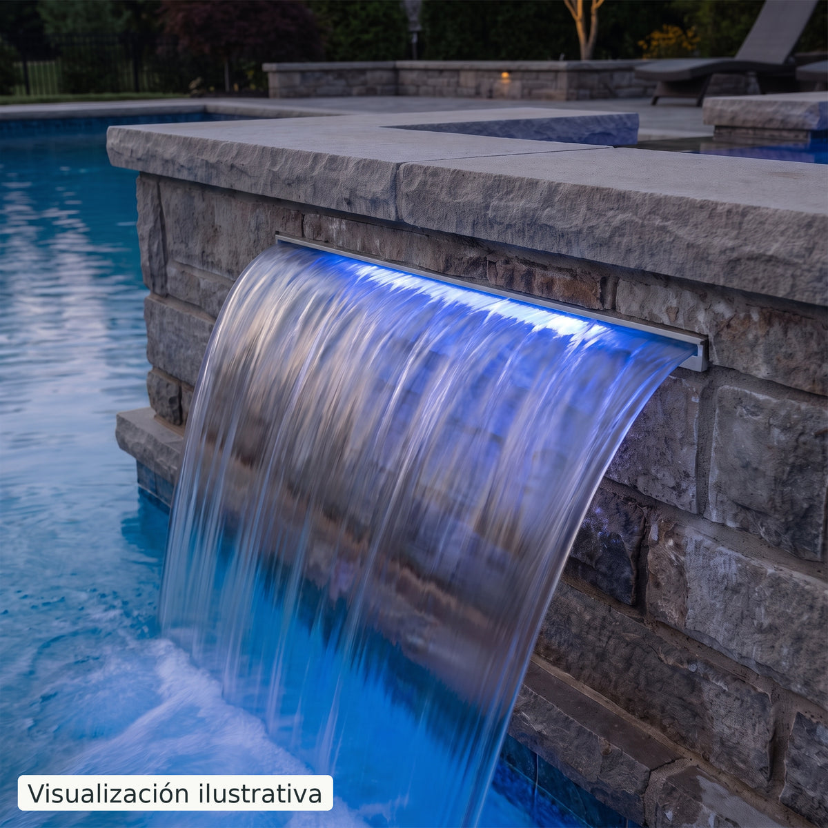 Visualización ilustrativa. Ejemplo de una cascada para piscina integrada en un muro, con el cuerpo y las conexiones ocultos.