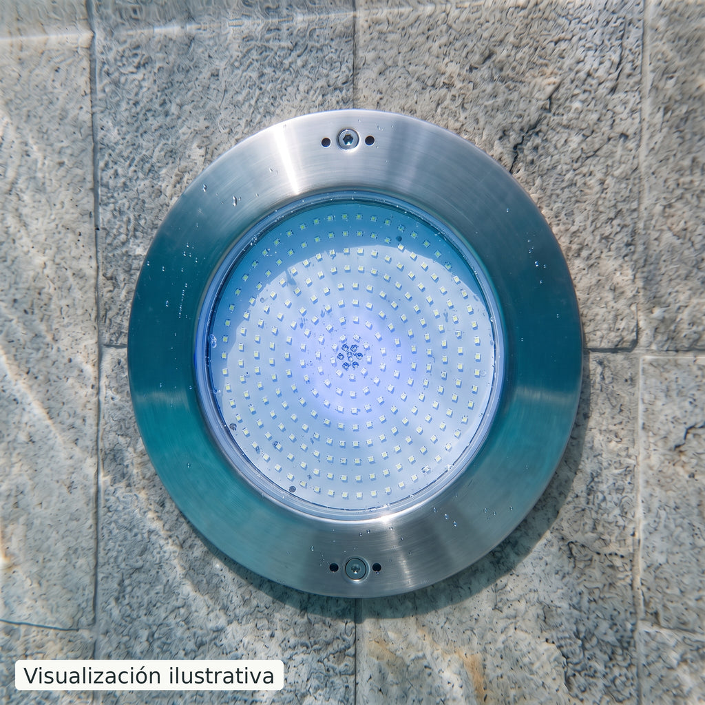 Visualización ilustrativa. Vista de cerca de una lámpara para piscina, con el aro y la distribución de sus luces visibles.