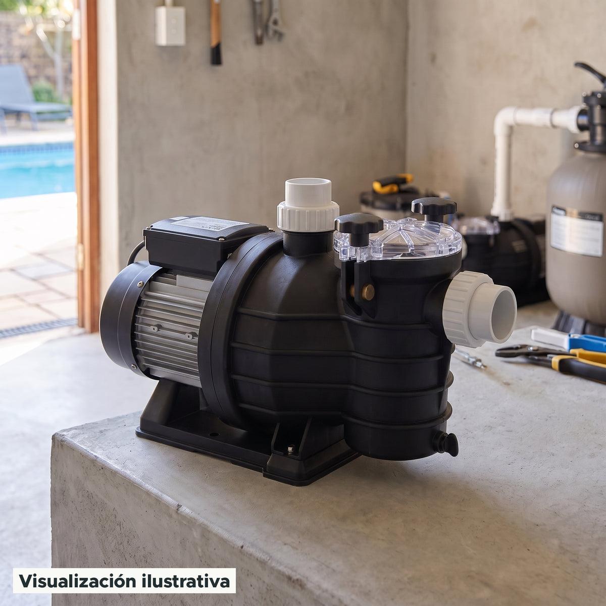 Visualización ilustrativa. Vista del equipo para piscina en un entorno de preparación para su instalación.