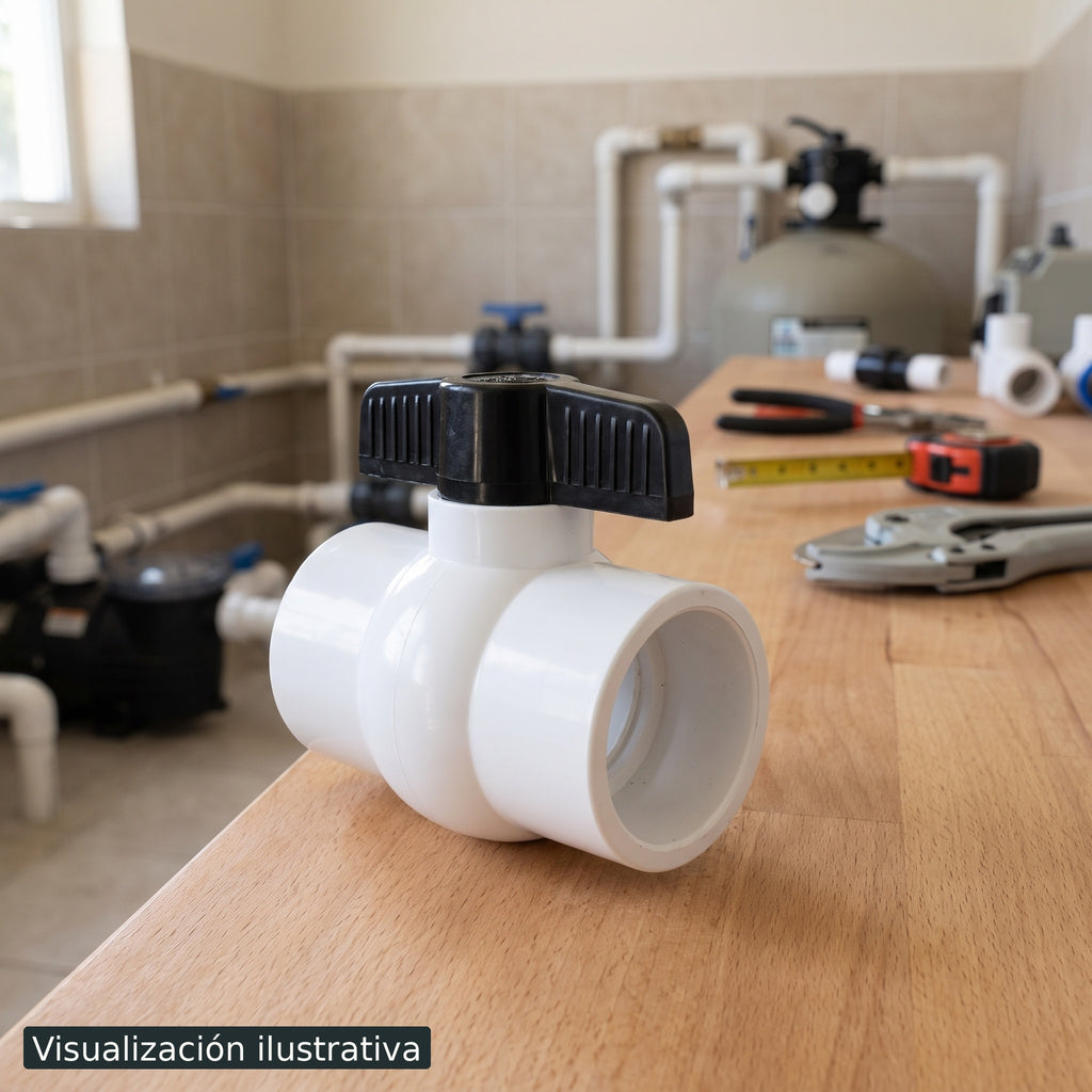 Visualización ilustrativa. Accesorio preparado en el área de mantenimiento o construcción de una piscina, sin representar un montaje hidráulico terminado.