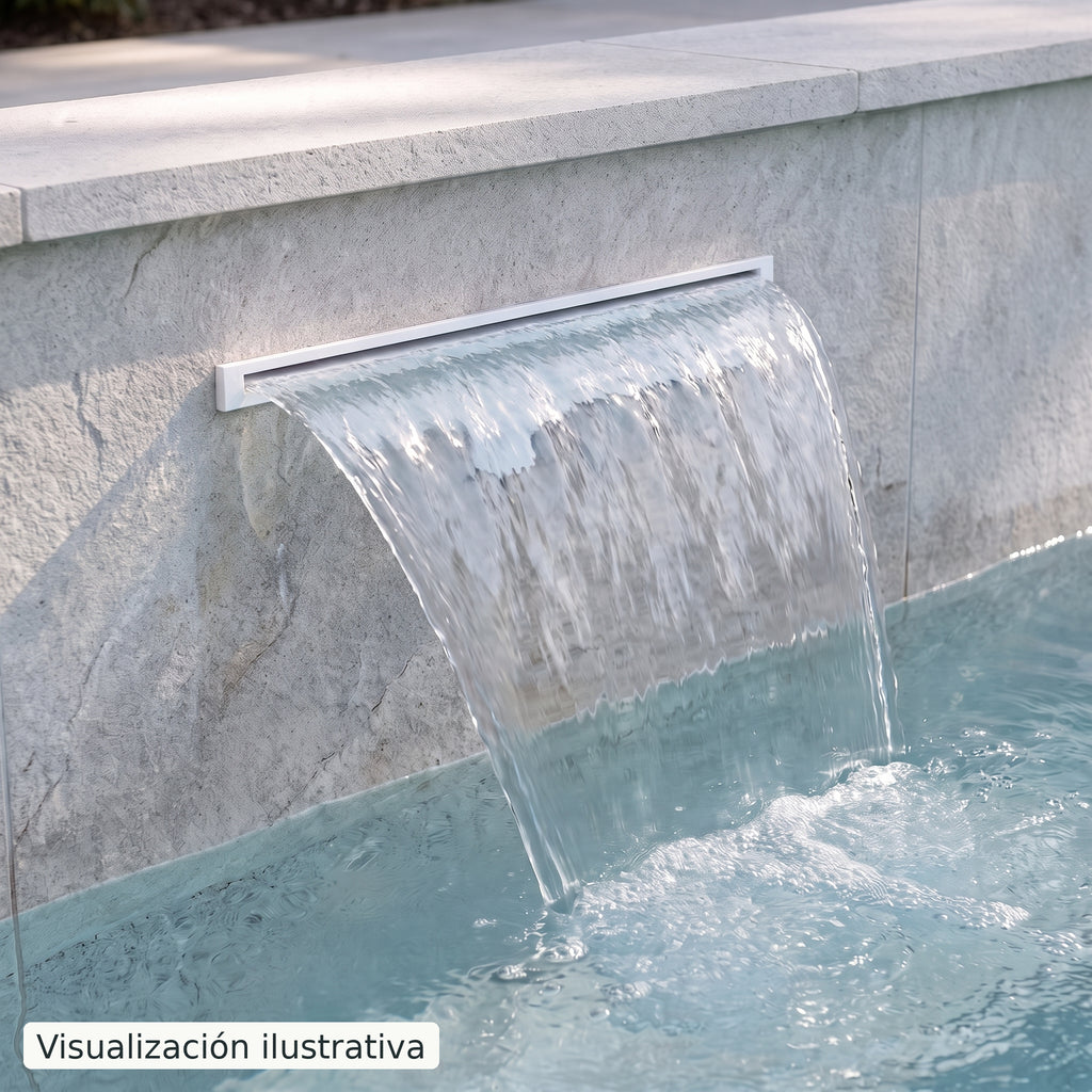Visualización ilustrativa. Ejemplo de una cascada para piscina integrada en un muro, con el cuerpo y las conexiones ocultos.