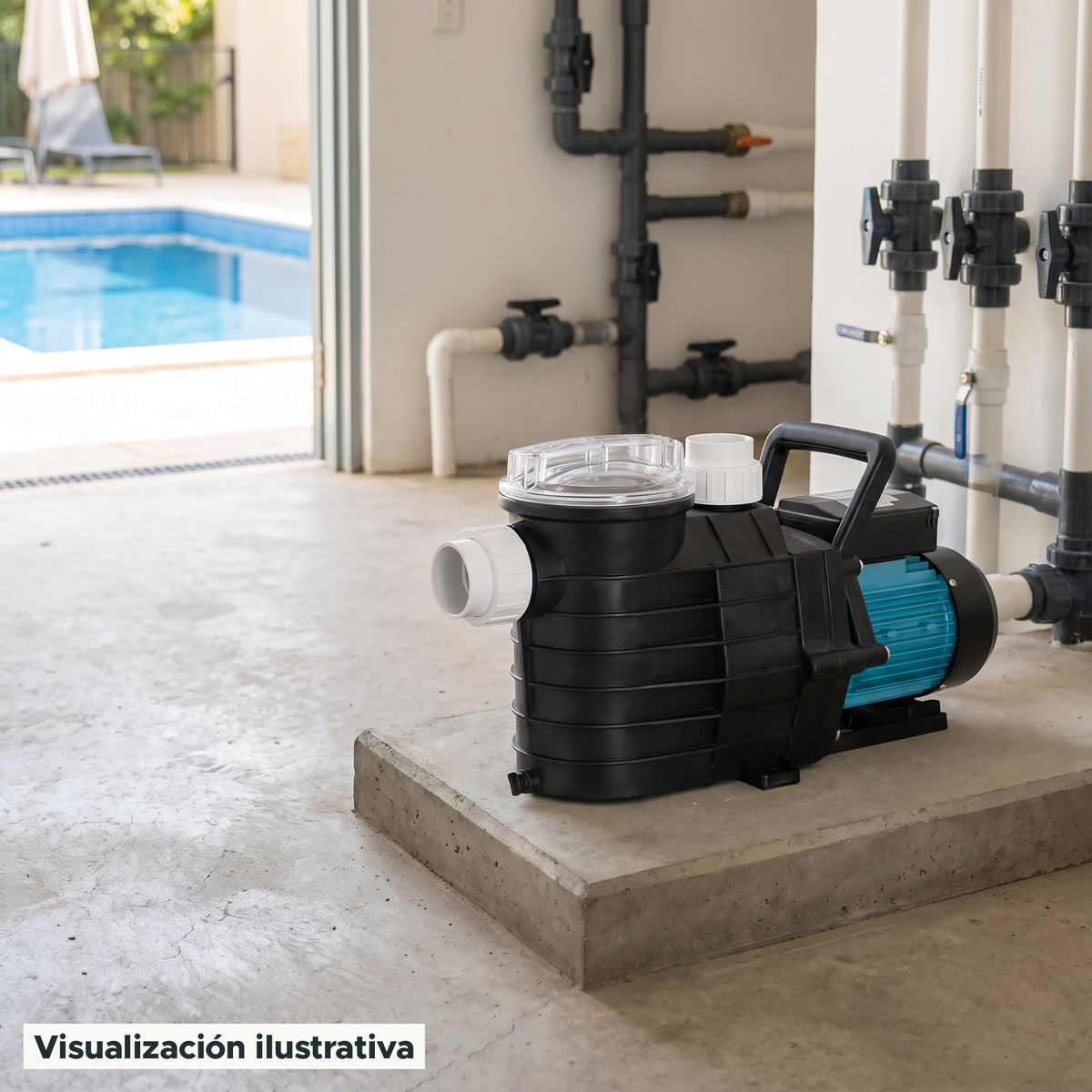 Visualización ilustrativa. Vista del equipo para piscina en un entorno de preparación para su instalación.