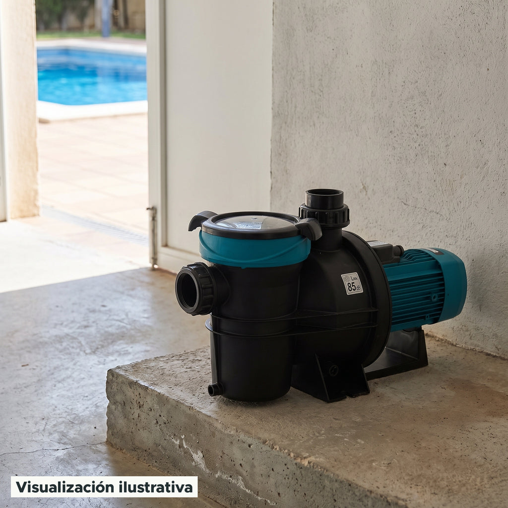 Visualización ilustrativa. Vista del equipo para piscina en un entorno de preparación para su instalación.
