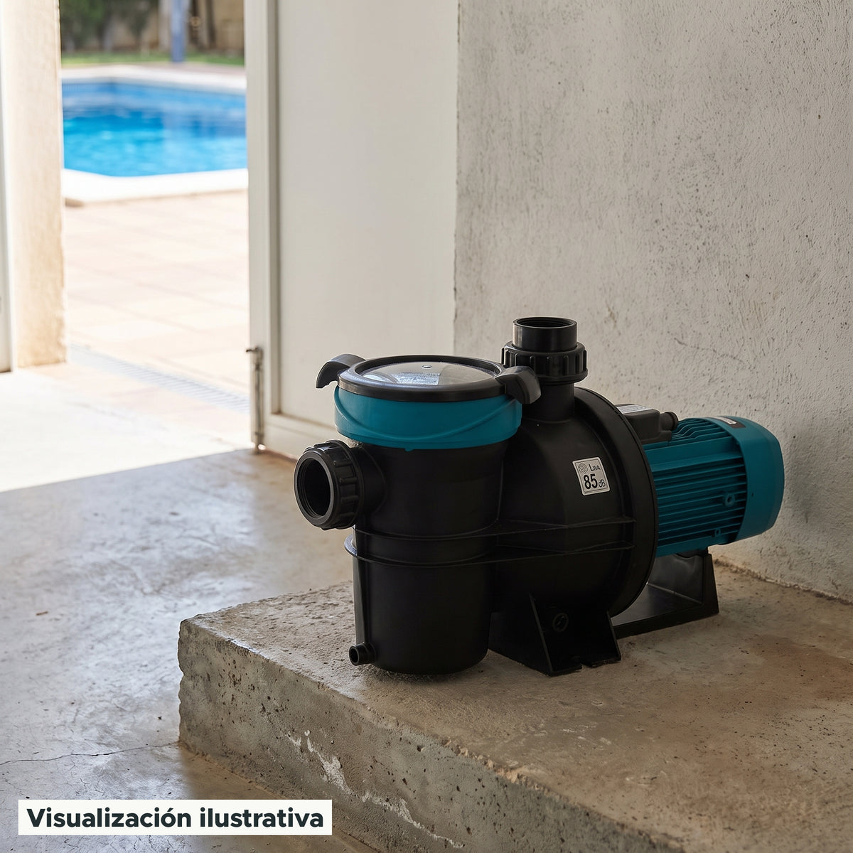 Visualización ilustrativa. Vista del equipo para piscina en un entorno de preparación para su instalación.