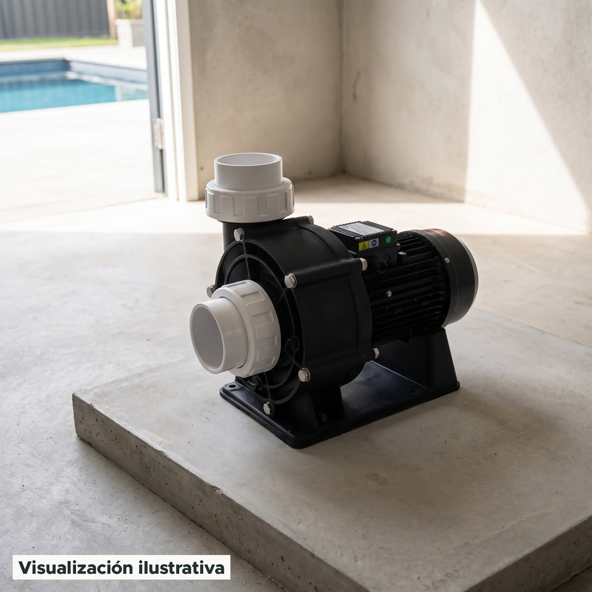 Visualización ilustrativa. Vista del equipo para piscina en un entorno de preparación para su instalación.