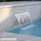 Visualización ilustrativa. Ejemplo de una cascada para piscina integrada en un muro, con el cuerpo y las conexiones ocultos.